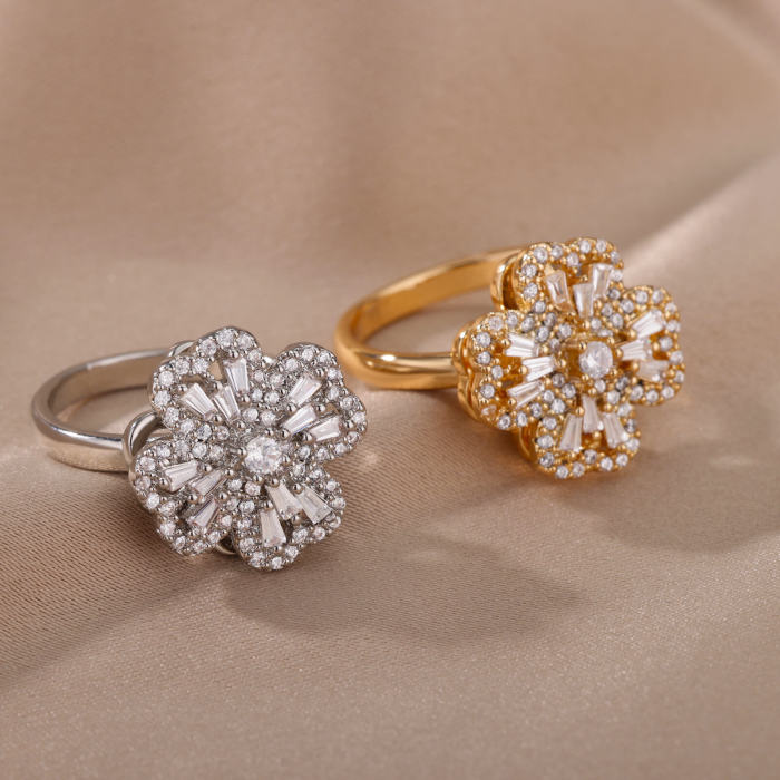 Cross-Border New Rotatable Zircon Flower Open Ring for Women, Unique Design Stress Relief Ring Wholesale