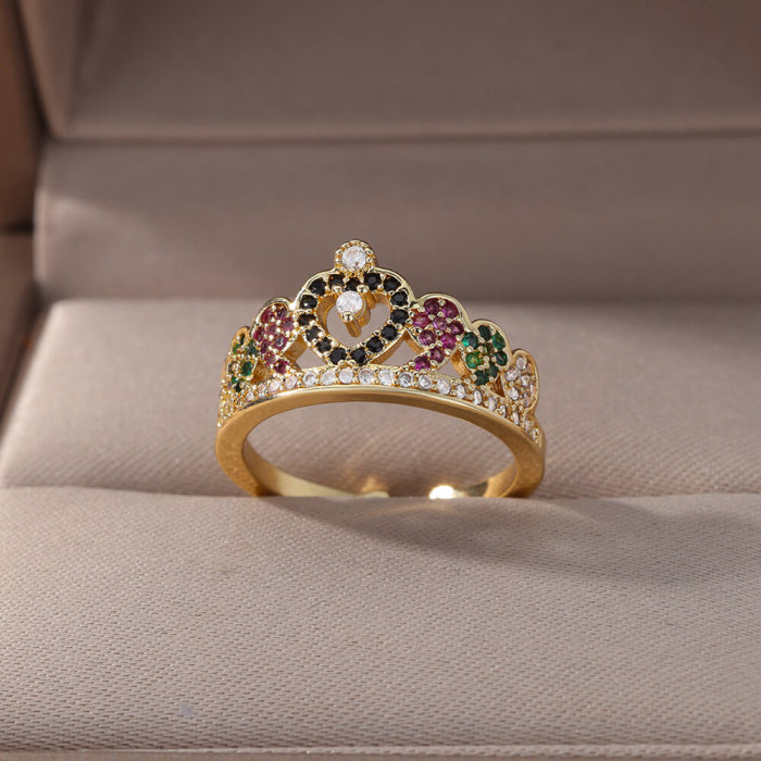 Cross-Border New Product Amazon Hot Sale Heart Crown Ring Adjustable Open Copper Inlaid with Colorful Zirconia Light Luxury Jewelry Wholesale