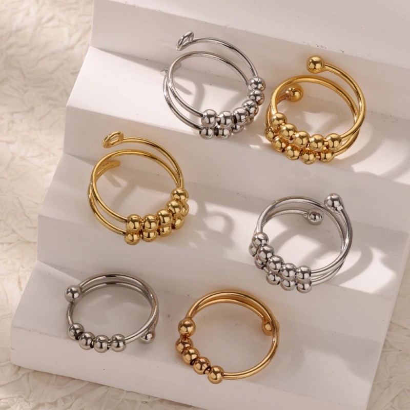 Amazon Hot-Selling Gold-Plated Stress Relief Anti-Anxiety Copper Bead Rotating Ring Open Bead Ring