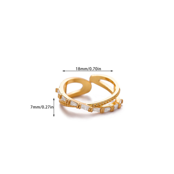 Amazon New Zircon Geometric Ring Light Luxury Design Copper Plated 18K Gold Open Ring Female Hollow Ring