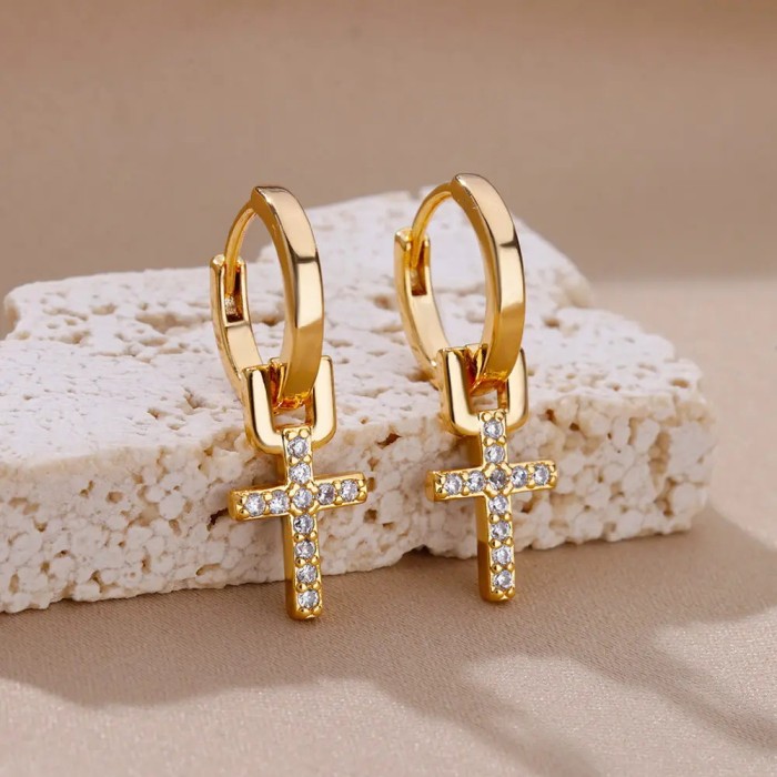 European and American Style Cross Pendant Earrings 18K Gold Plated Women's Zircon Earrings Cross Earrings Wholesale