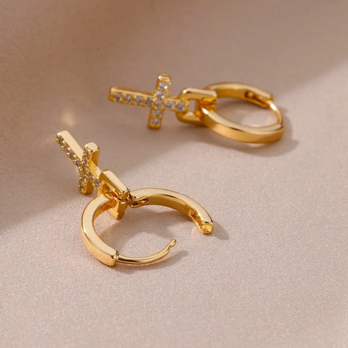 European and American Style Cross Pendant Earrings 18K Gold Plated Women's Zircon Earrings Cross Earrings Wholesale