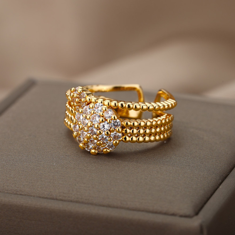 European and American New Cuban Chain Zircon Open Ring 18k Gold Plated Chain Double Layer Ring for Women Hip Hop Ring Wholesale