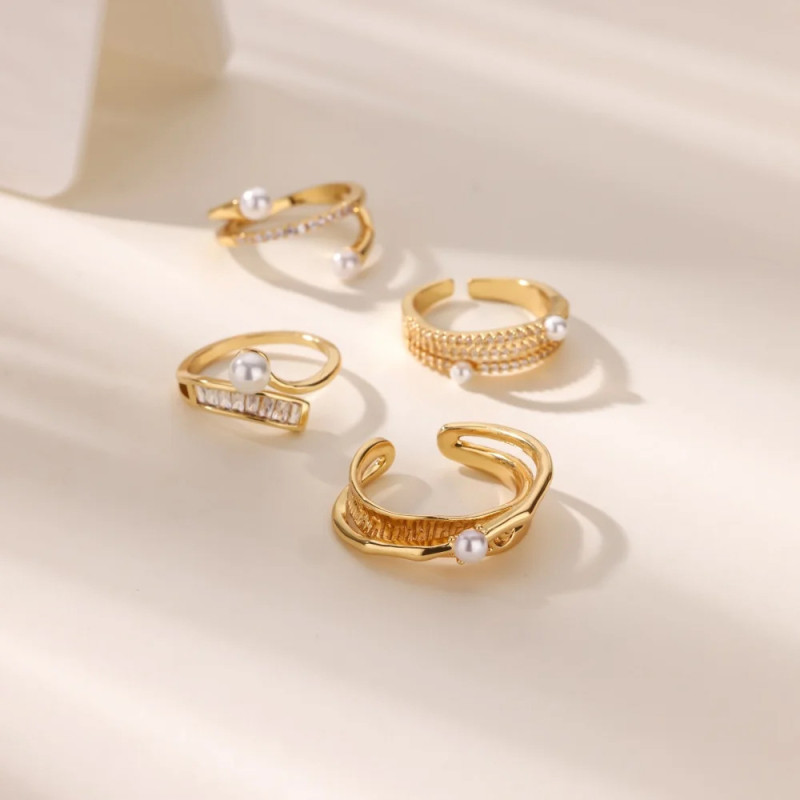 Ins Style New Simple Petite Pearl Ring for Women Copper Zirconia Gold-Plated Open Ring Light Luxury Design Ring