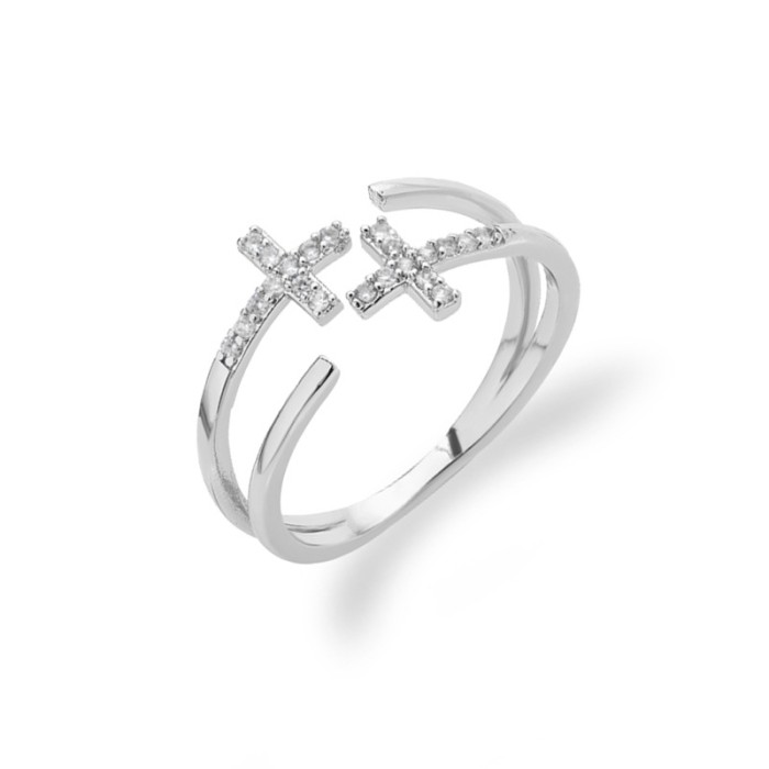 Korean Minimalist Pearl Ring for Women Micro Pave Zircon Cross Index Finger Ring Double Layer Cross Cross Ring