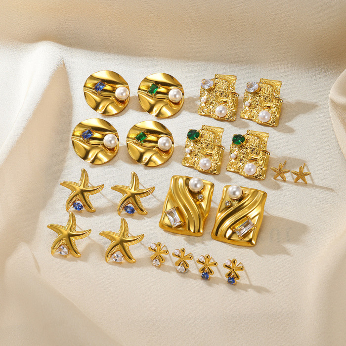 European and American Cross-Border Stainless Steel Gold-Plated Irregular Pearl Earrings Niche Square Texture Versatile Simple Earrings for Women