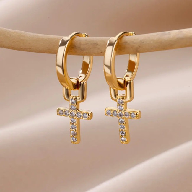 European and American Style Cross Pendant Earrings 18K Gold Plated Women's Zircon Earrings Cross Earrings Wholesale