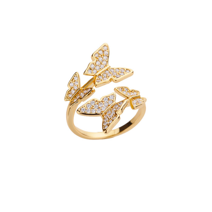 Fashion Personality Zircon Butterfly Ring Exquisite Three-Dimensional Adjustable Open Exaggerated Ring for Women