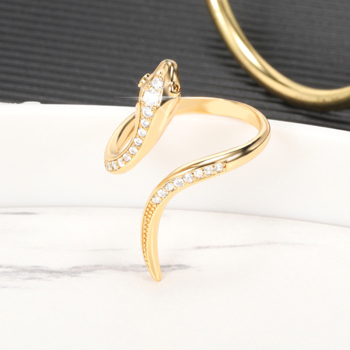 European and American Minimalist Style 18K Gold Snake Ring Light Luxury Temperament Adjustable Ring Micro Pave Zircon Snake Ring