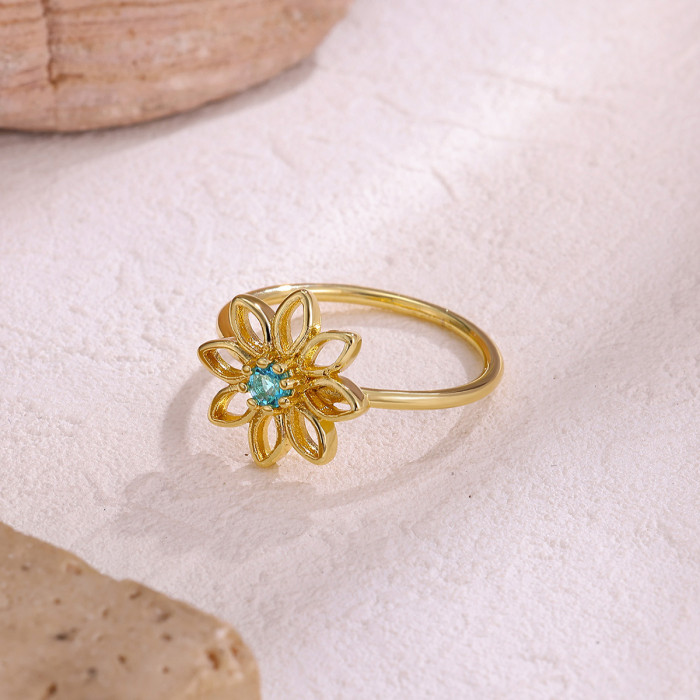 European and American 18K Gold Copper Flower Ring with Multicolor Zircon Lines Hollow Cross-Border Trendy New Versatile Flower Ring