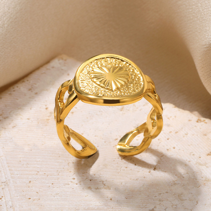 European and American Trendy Geometric Round Heart Hydraulic Ring Adjustable Open Chain Heart-shaped Real Gold Plated Ring for Women