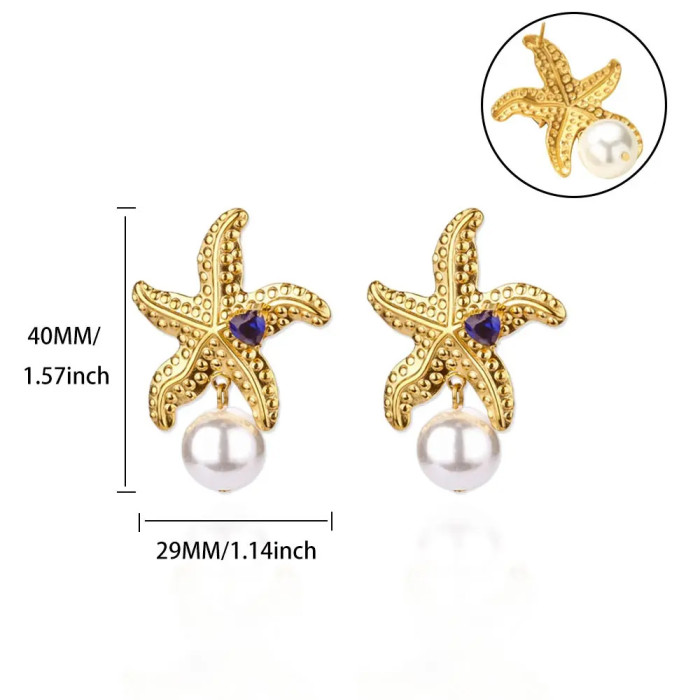 Cross-Border New Ocean Style Conch Shell Stainless Steel Earrings Niche Beach Vacation Starfish Shell Stud Earrings Wholesale