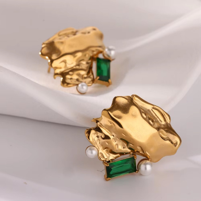 Cross-Border New Exaggerated Earrings Copper Gold-Plated Earrings Daily Versatile Green Glass Earrings Copper Ear Plugs Simple Ear Jewelry