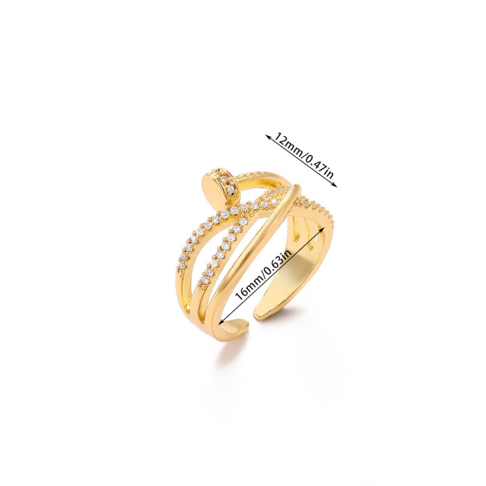 European and American New Style Elegant Versatile Cross Ring Niche Design Copper Plated 18K Gold Nail Open Ring for Women