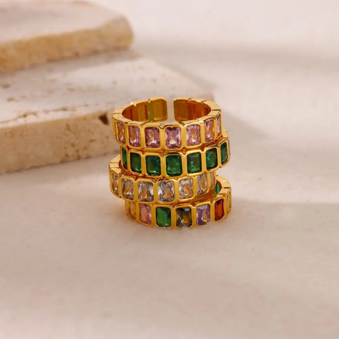 Cross-border New Geometric Colorful Zircon Ring Gold Women's Personality Simple High-end Ring Wholesale