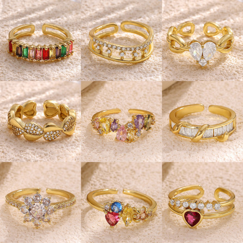 Amazon New Colorful Zircon Heart-Shaped Geometric Ring Copper Plated 18K Gold Simple Luxury Open Ring Manufacturer