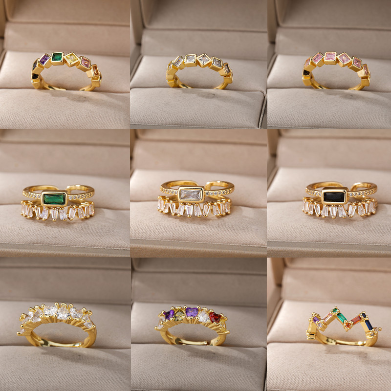 INS Style New Simple Colorful Heart-shaped Ring for Women 18k Micro-inlaid Colorful Zircon Adjustable Ring Wholesale