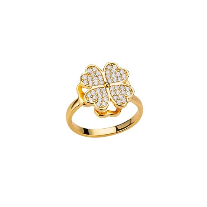 Cross-Border New Rotatable Zircon Flower Open Ring for Women, Unique Design Stress Relief Ring Wholesale