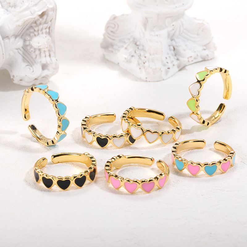 INS Style Simple Copper Plated 18K Gold Oil Drop Heart Open Ring for Women Adjustable Cross-Border Heart-Shaped Jewelry