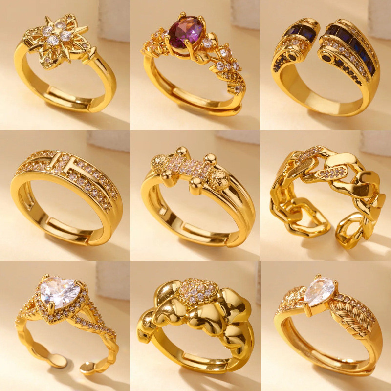 Amazon New Genuine Gold Plated Elegant High-end Zircon Super Sparkling Ring for Women Adjustable Open Ring Wholesale