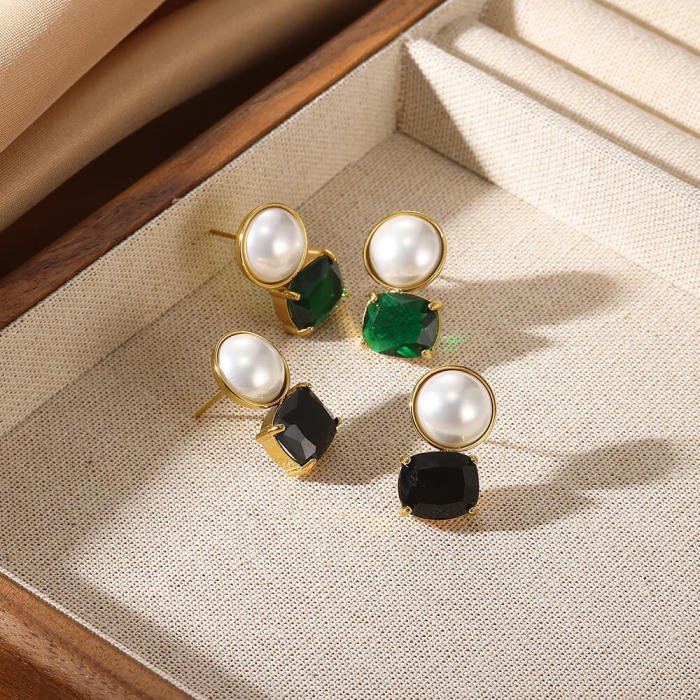Amazon Cross-Border New Square Zircon Imitation Pearl Round Earrings 18K Gold Plated Stainless Steel Fashion Women's Earrings