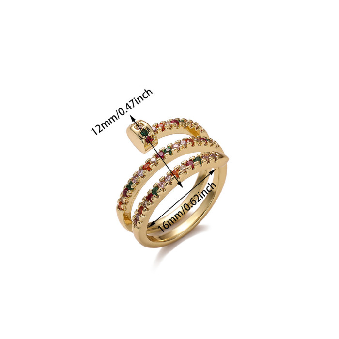 European and American Spiral Color Zircon Nail Ring for Women, Niche Design, Exquisite Open Index Finger Fashion, Unique and Minimalist Style