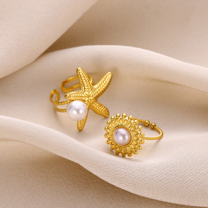 European and American Summer Beach Vacation Shell Ocean Element Imitation Pearl Starfish Ring Stainless Steel Ring Wholesale