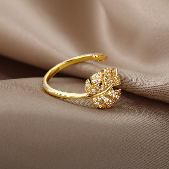 Vintage Fashion Elegant Summer Tree Leaf Ring 18K Gold Brown Palm Leaf Ring Leaf Ring Women Open Adjustable Ring