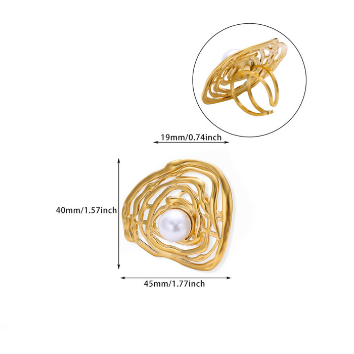 INS Exaggerated Metal Style Wrinkled Imitation Pearl Ring Personality Sweet Cool Line Ring Open Ring