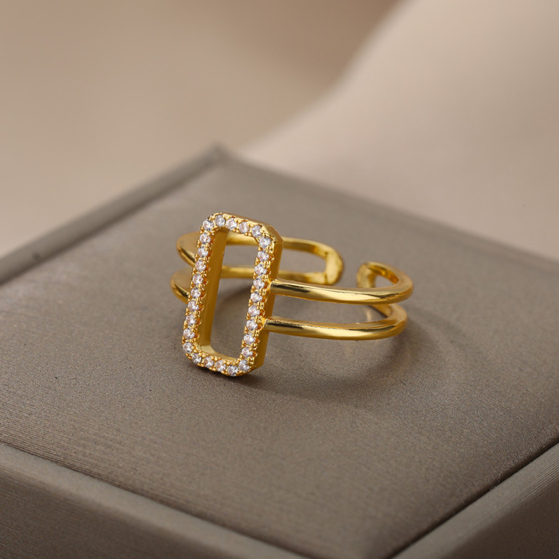 Ins Style New Zircon Hollow Open Ring 18k Copper Gold Plated Geometric Square Ring Women's Personality Jewelry In Stock