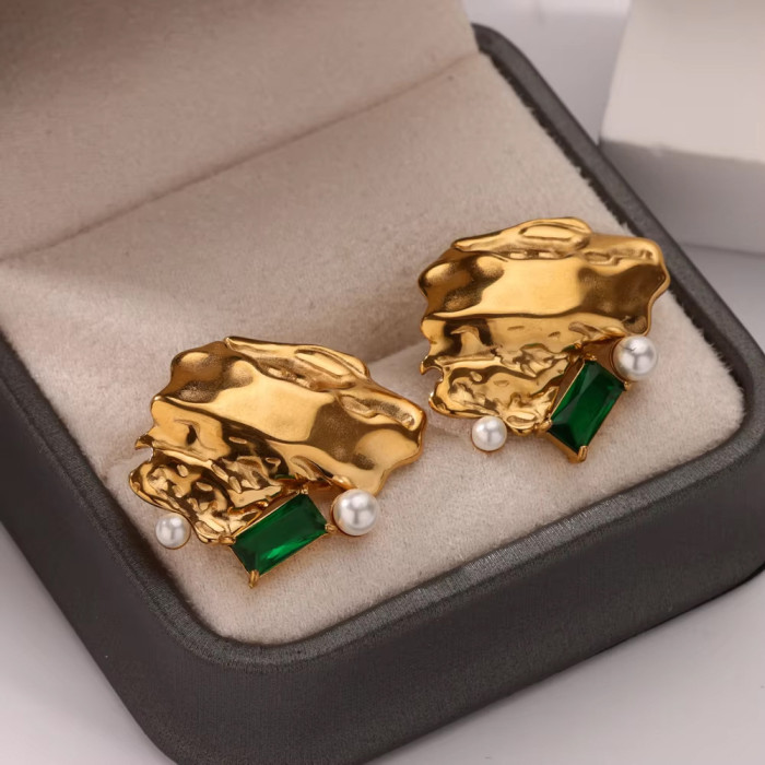 Cross-Border New Exaggerated Earrings Copper Gold-Plated Earrings Daily Versatile Green Glass Earrings Copper Ear Plugs Simple Ear Jewelry