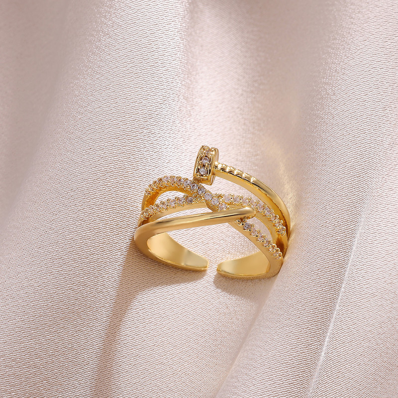 European and American New Style Elegant Versatile Cross Ring Niche Design Copper Plated 18K Gold Nail Open Ring for Women