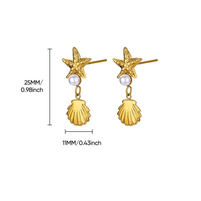 Cross-Border New Ocean Style Conch Shell Stainless Steel Earrings Niche Beach Vacation Starfish Shell Stud Earrings Wholesale