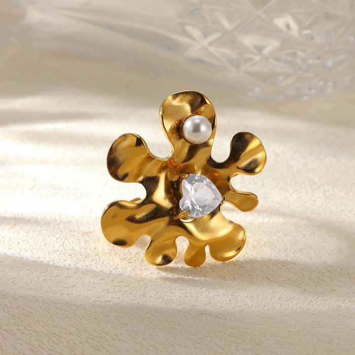 European and American Style Cross-Border Fashion Exaggerated Large Flower Ring Personality Heart-Shaped Trendy Pearl Stamen Women's Ring