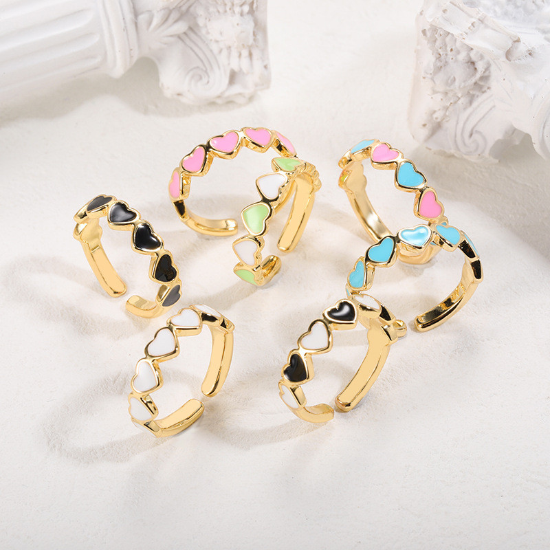 INS Style Simple Copper Plated 18K Gold Oil Drop Heart Open Ring for Women Adjustable Cross-Border Heart-Shaped Jewelry