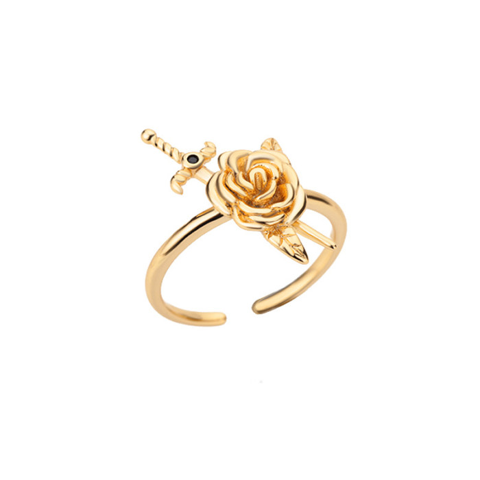 European and American New Style Rose Flower Sword Ring for Women, Personalized Rose Flower Adjustable Open Ring, Manufacturer Direct Delivery