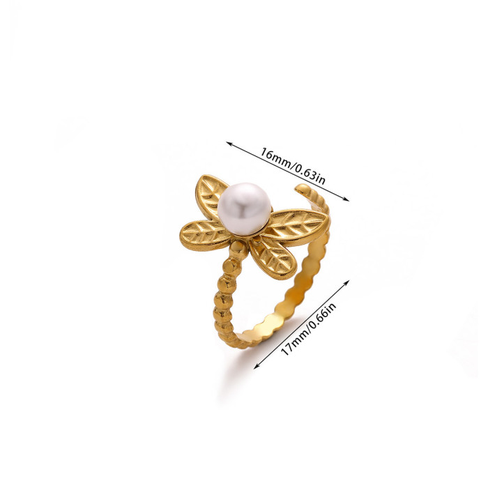 Amazon New Stainless Geometric Imitation Pearl Zircon Ring 18K Gold Plated Flower Star Open Ring