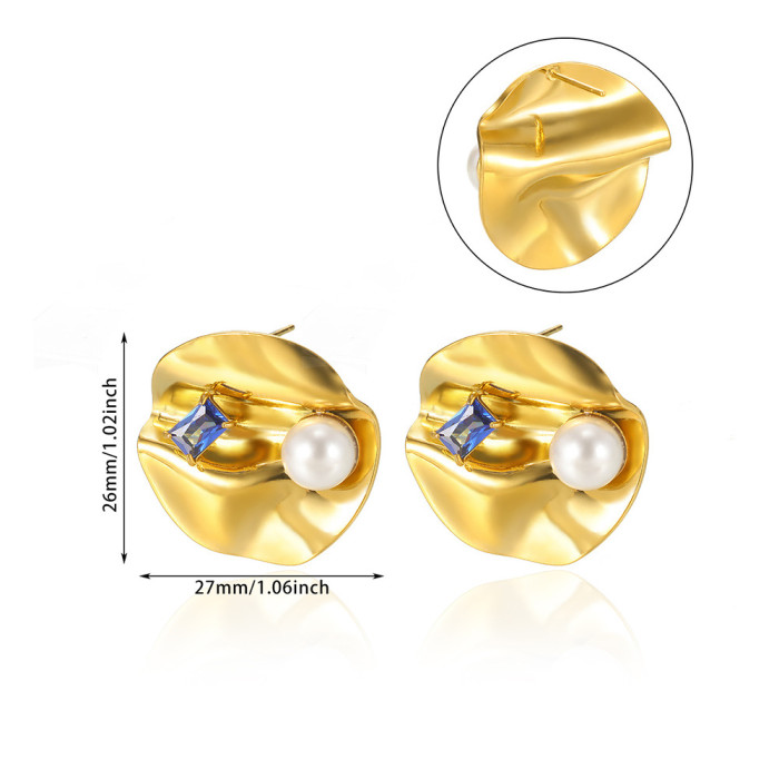 European and American Cross-Border Stainless Steel Gold-Plated Irregular Pearl Earrings Niche Square Texture Versatile Simple Earrings for Women