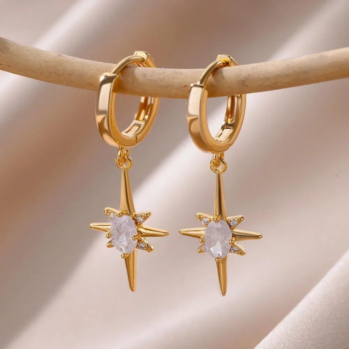 Retro Light Luxury Eight-Star Zircon Inlaid Earrings Sun Ear Jewelry Niche Design Simple Versatile Wholesale