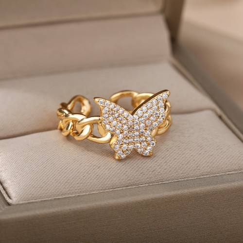 European and American Fashion Personality Zircon Butterfly Ring Exquisite Three-Dimensional Adjustable Open Exaggerated Ring for Women