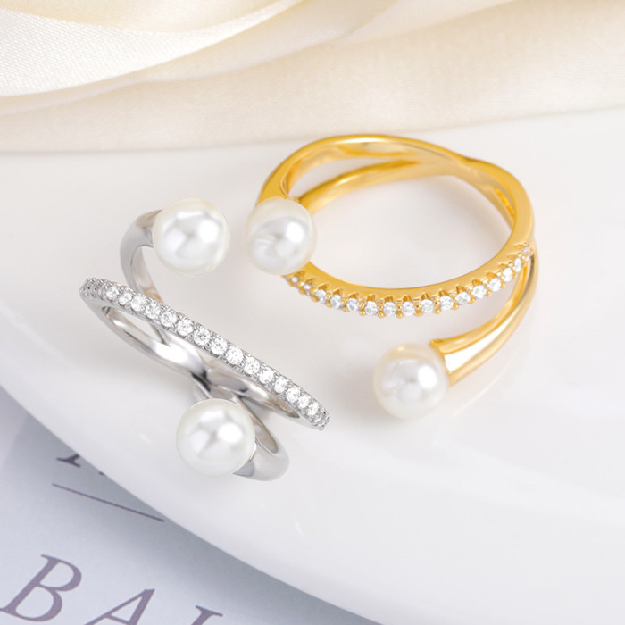 Korean Minimalist Pearl Ring for Women Micro Pave Zircon Cross Index Finger Ring Double Layer Cross Cross Ring