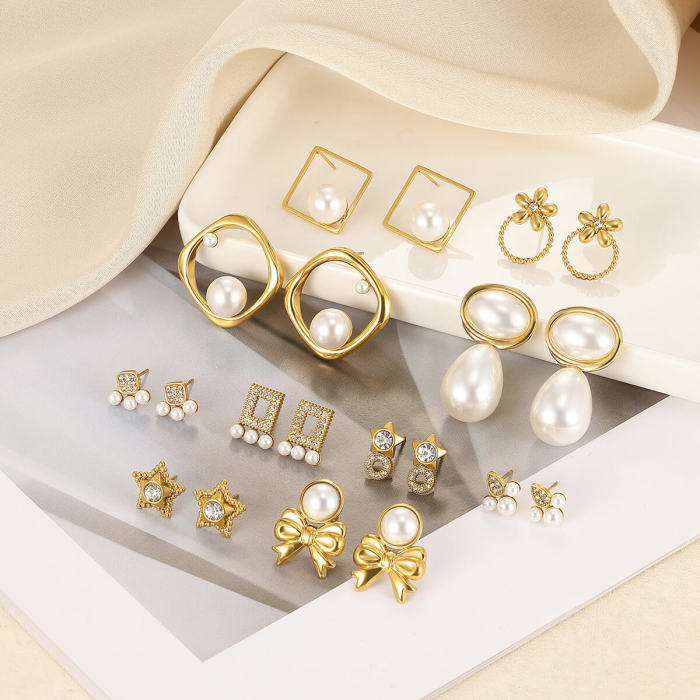 European and American Fashion Pearl Stud Earrings 18k Gold Stainless Steel Earrings for Women High-end Bowknot Pearl Ear Jewelry Wholesale