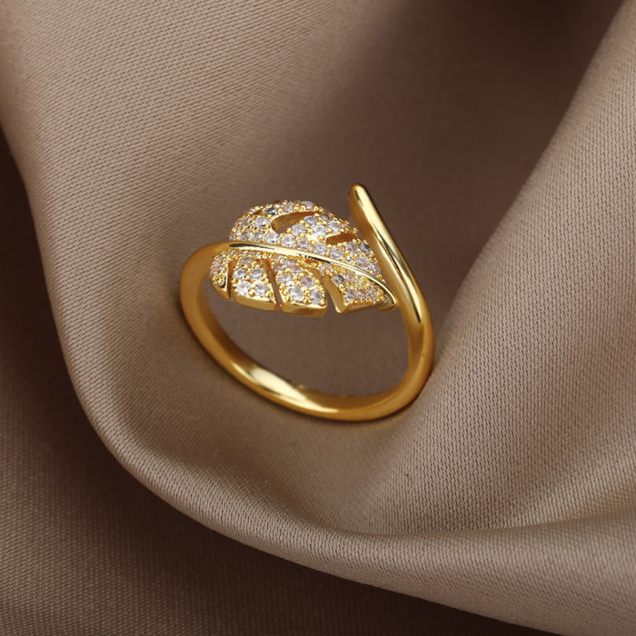 Vintage Fashion Elegant Summer Tree Leaf Ring 18K Gold Brown Palm Leaf Ring Leaf Ring Women Open Adjustable Ring