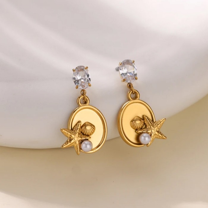Cross-Border New Ocean Style Conch Shell Stainless Steel Earrings Niche Beach Vacation Starfish Shell Stud Earrings Wholesale