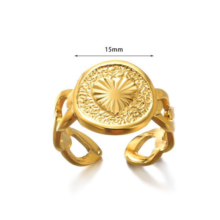 European and American Trendy Geometric Round Heart Hydraulic Ring Adjustable Open Chain Heart-shaped Real Gold Plated Ring for Women