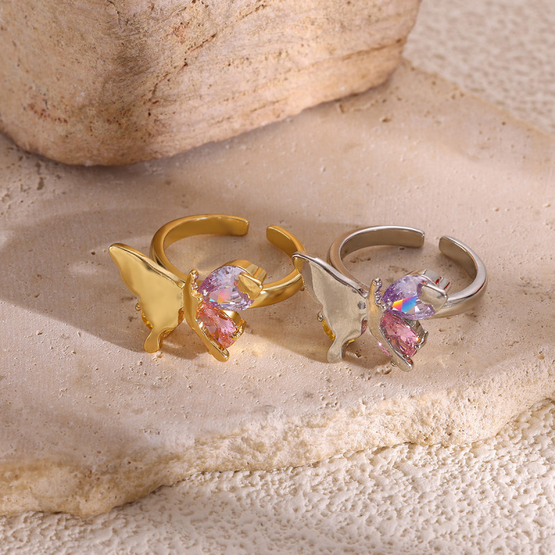 European and American Hot-Selling New Butterfly Colorful Zircon Ring Light Luxury Series Open Ring for Women Manufacturer Wholesale