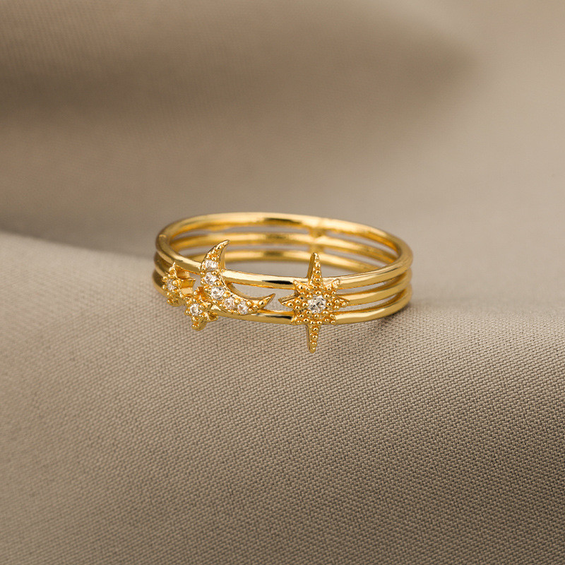 Simple New Star Moon Zircon Ring Female Ins Style Net Red Temperament Closed Mouth Forefinger Ring in Stock Wholesale