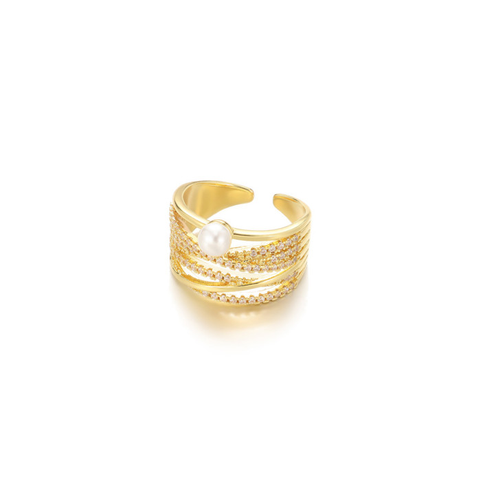 New Style Pearl Zircon Ring for Women, Open Ring, Petite Flower Geometric Ring, Light Luxury Manufacturer Direct Deli...