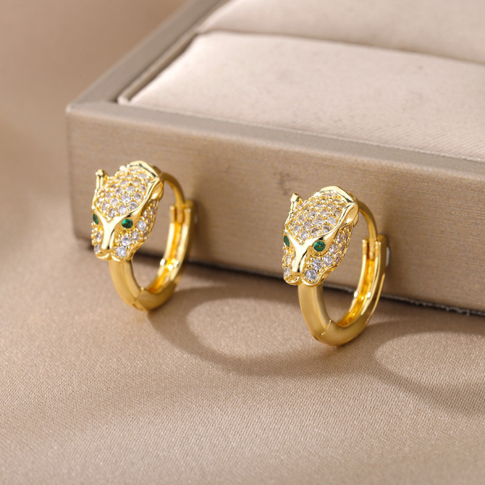 European and American Fashion Copper Micro Inlaid Zircon Earrings INS Internet Celebrity Same Style 18K Gold Plated Leopard Hoop Earrings for Women Cross-Border In Stock