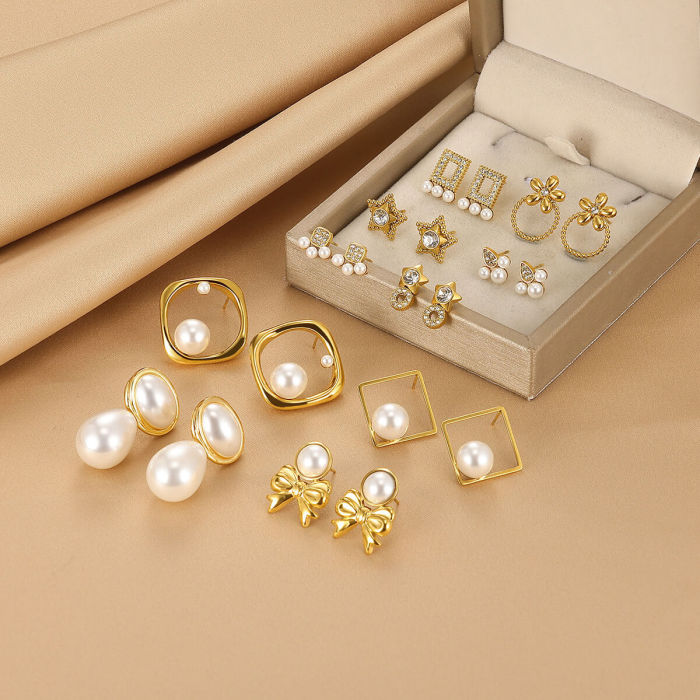 European and American Fashion Pearl Stud Earrings 18k Gold Stainless Steel Earrings for Women High-end Bowknot Pearl Ear Jewelry Wholesale